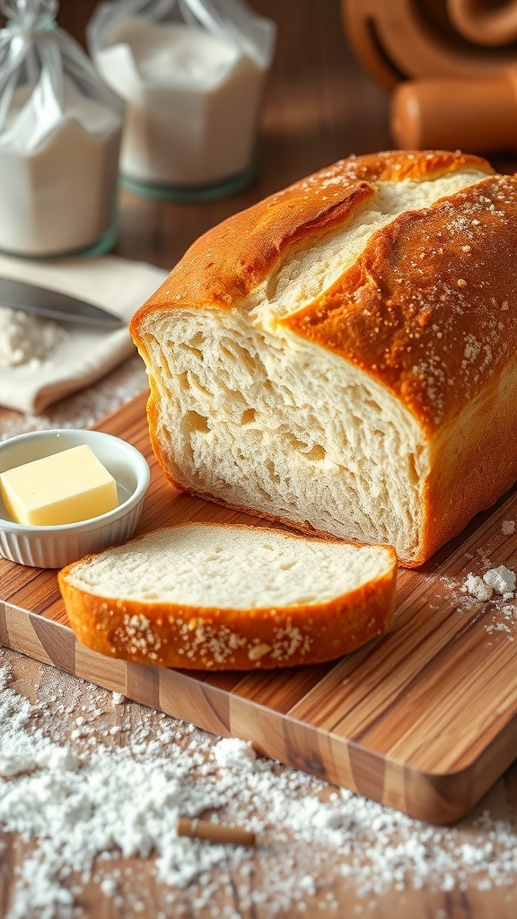 A golden brown loaf of homemade bread sliced on a cutting board with butter.